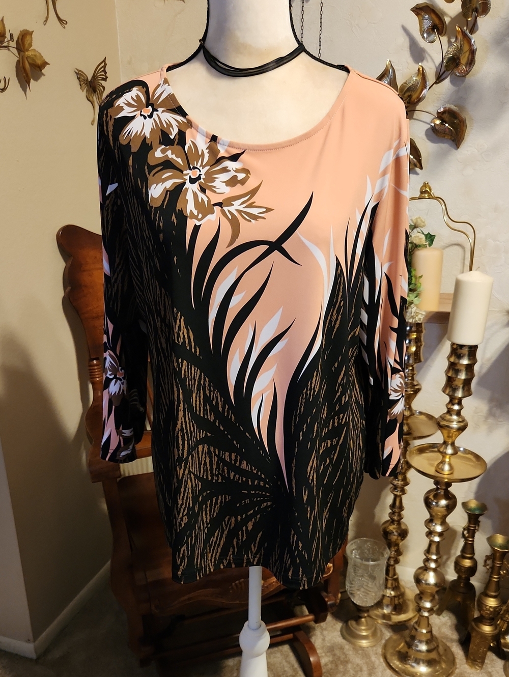 Bob Mackie Peach and Black Floral-Print Tunic